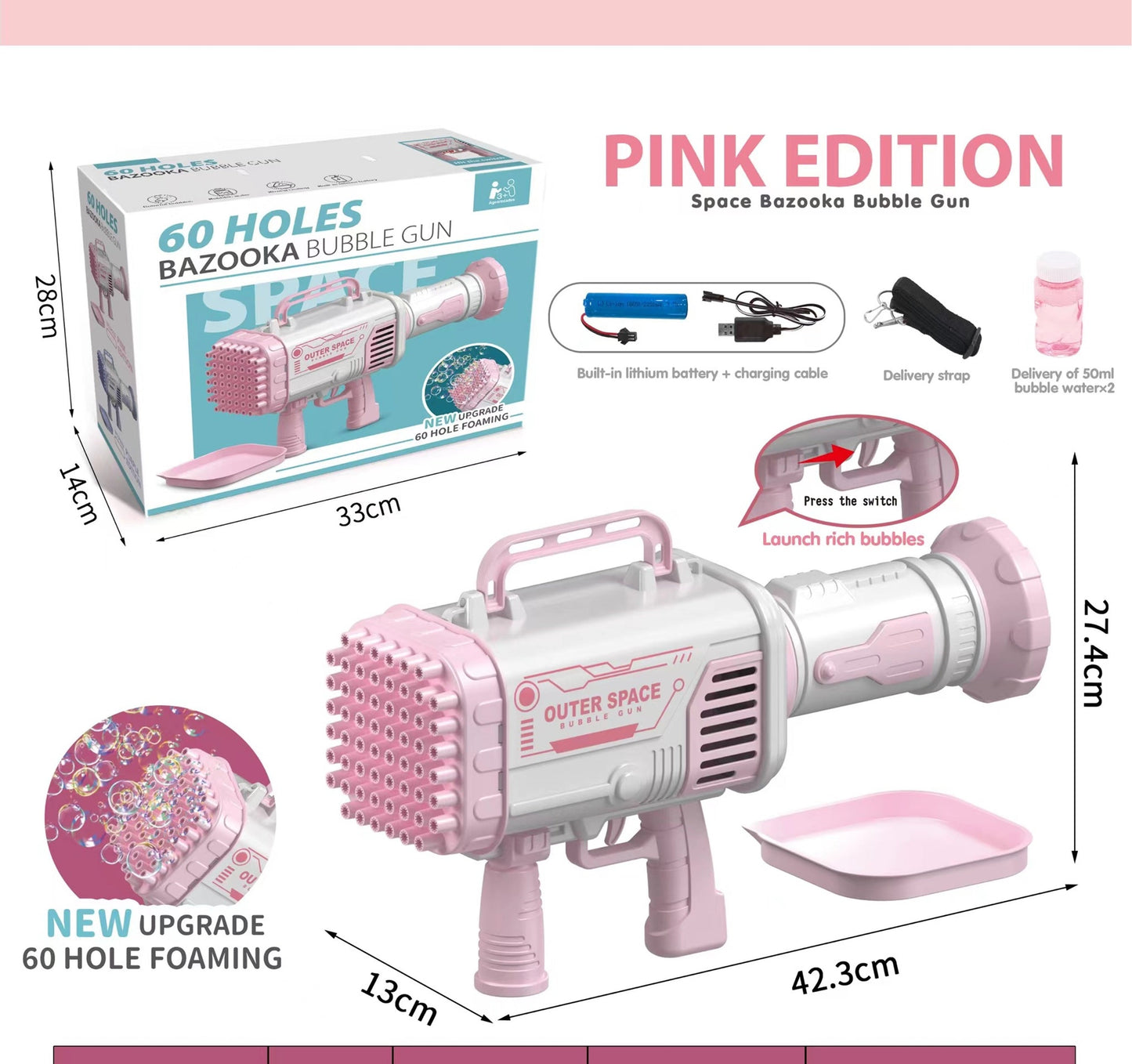 60 hole Bubble Machine Bubble Maker - Pink